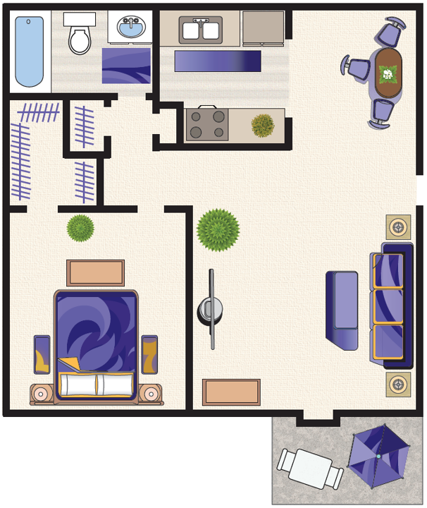 Floor plan for 1 bed, 1 bath, 667 sqft